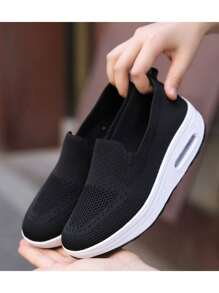 Zapatillas deportivas casuales de mujer,zapatos de punto con mosca transpirables de color sólido - Negro - Ver 6