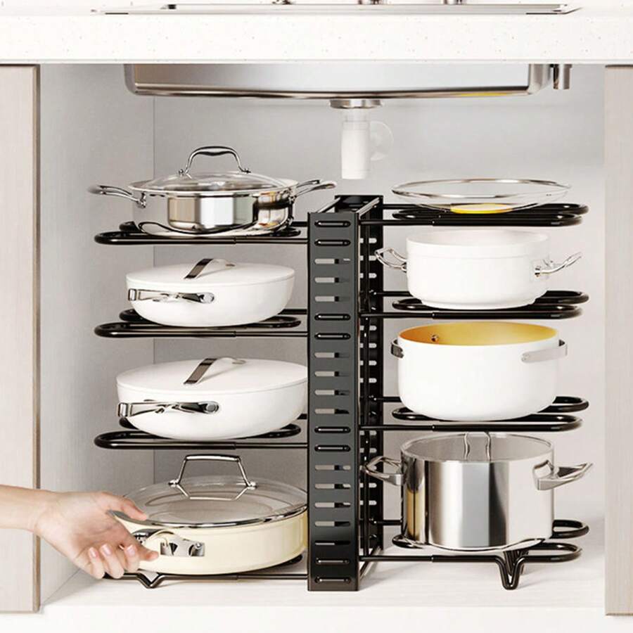 8-Tier Heavy Duty Iron Pan Organiser, Adjustable U-Shaped Pot Rack For Kitchen Cabinets, Multi-Functional Cabinet Rack For Lids/Cookware, Space Saving Tool-Free Install Kitchen Shelf Unit - 黑色 - 查看 1