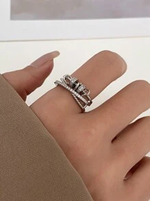 1pc Multi-Layer Rotating Flexible Fidget Ring, Adjustable Open Design With Rhinestones, Casual & Versatile Creative Jewelry Suitable For Daily Wear - Silver - View 2