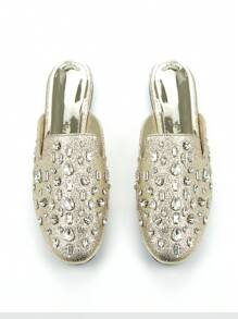 Fall/Winter Women's Fashion Fully Rhinestone Decor Gold Metallic Material Comfortable Square Toe Flat Mule Shoes, For Daily Wear And Party - Gold - View 3