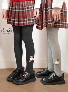 2pcs Girls Kids Striped Leggings, Solid Black And Grey, Cable Knit Pattern Footed Tights With Cute Rabbit Decor, Comfortable & Versatile For Daily Wear, Suitable For Spring, Autumn, All Season - Multicolor - View 16