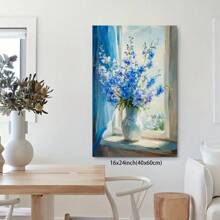 Blue Floral Canvas Print, Vibrant Delphiniums In White Vase, Window View, Bright Sunlight, Blue Drapes