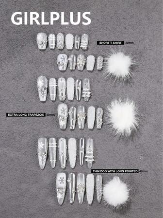 GIRL PLUS GIRLPLUS "Variable Snowflake" Series Handmade Wearable Nails Set, Featuring 12 Interchangeable Designs. This Collection Combines Ultra-Long Slender Dog Paw-Shaped Tips With Elements Like Christmas Wreaths, Christmas Trees, Snowflakes, And Bows, Adorned With Silver Mirror Powder And Plush Snowball Decorations To Create A Glamorous And Fashionable Manicure Effect. DIY-Friendly For Self-Customization