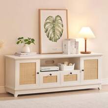 Rattan TV Stand For 65+ Inch TV Modern Entertainment Center Media Console Table Rattan TV Console With 2 Cabinets Boho Wood TV Cabinet Furniture With Storage And Doors For Living Room