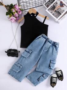 Ensemble de 2 pièces pour jeunes filles à la mode pour l'été: T-shirt sans manches de couleur unie et pantalon cargo en jean multi-poches