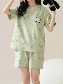 AICJ 2pcs Women Casual Simple Spring/Summer Panda Print Short Sleeve T-Shirt And Shorts Pajamas Set,Two Pieces Set