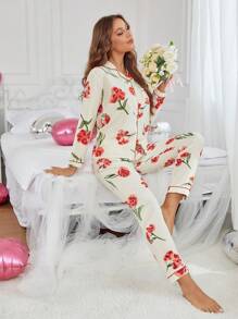 女士花卉印花长袖衬衫和长裤睡衣套装，翻领纽扣前部家居服 - 杏色 - 查看 1