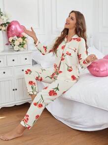 女士花卉印花长袖衬衫和长裤睡衣套装，翻领纽扣前部家居服 - 杏色 - 查看 5