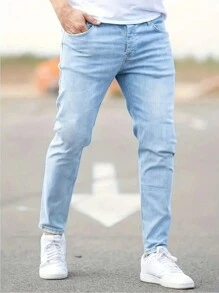Pantalones vaqueros azul clásico lavados de corte skinny para hombres, pantalones de mezclilla elásticos con detalles desgastados