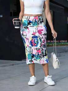 Plus Size Women Abstract Face Print Midi Length Casual Skirt