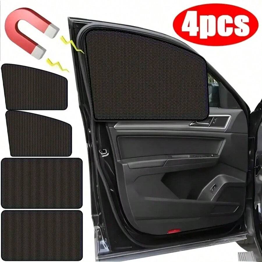 4 件装磁性汽车遮阳帘 - 超薄、防紫外线和隔热、伸缩式侧窗遮阳帘、防蚊、部分衬里涤纶针织无纺布、车辆遮阳和视线保护面板、透气网眼，适用于大多数车型