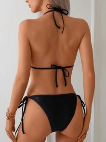 New Solid Color Sexy High Elasticity Shiny Fabric Halter Swimwear Bikini Set For Women, For Summer Beach Vacation