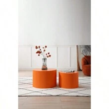 MDF Nesting Table Set Of 2,Handcraft Round Coffee Table For Living Room/Leisure Area, Orange
