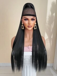 32-Inch Black Straight Ponytail Hair Extensions, Heat-Resistant Synthetic Fiber, Suitable For Girls And Women For Daily Use - Black - View 5