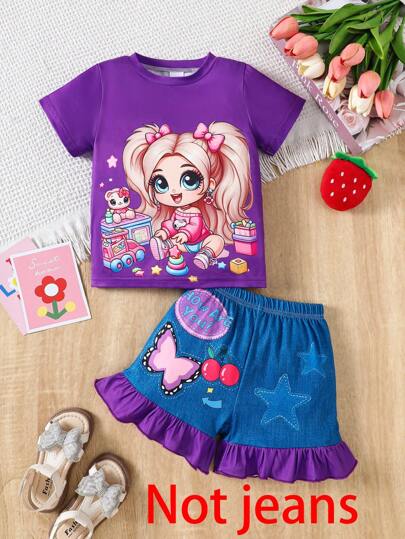 2pcs Girls Casual Cute Toy Letter, Butterfly & Star Print Soft Comfortable Knit Fabric Short Sleeve T-Shirt And Shorts Set, Outdoor Leisure Wear, Spring/Summer