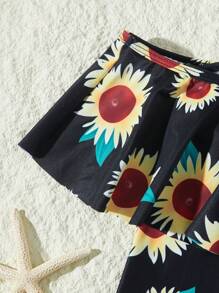 Tween Girl Off Shoulder Sunflower Print One-Piece Swimsuit - Black - View 2