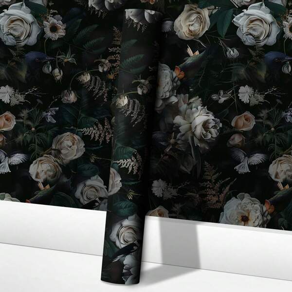 1Roll French Retro Self-Adhesive Wallpaper - Dark Background Elegant Flower Pattern, Peel And Stick Contact Paper, Waterproof, Removable, Easy To Use, Home Decor Wall Sticker, Wall Art Murals, Suitable For Kitchen, Bedroom, Living Room, Cabinets, Wardrobes, Tables Furniture Renovation