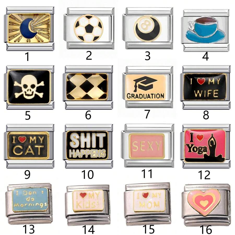 1 件不锈钢意大利模块手链组件，带有爱心、月亮、英文等图案，DIY 制作手链项链首饰，可自由搭配不同风格 - 義大利模組 - 查看 1