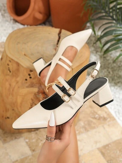 Giày nữ mũi nhọn màu đen thiết kế mới 2025, giày cao gót Mary Jane, giày sandal gót dày mũi kín