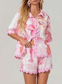 Women 2 Piece Shorts Sets Graphic Short Sleeve Button Shirt Wide Leg Lounge Shorts Outfit