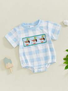Bebés Niños Niñas Peleles Manga Corta Cuello Redondo Bordado de Pato Estampado a Cuadros Body Mono - Azul - Ver 3