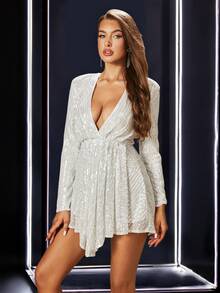 Double Crazy 优雅女士亮片装饰深 V 领长袖性感派对礼服，适合音乐会和正式场合、婚礼宾客礼服