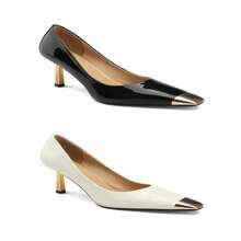 2025 Spring New Arrival - Women's Black Metal - Toe Square - Toe Patent Leather High - Heels & White French - Style Elegant Thin - Heel Single - Shoes