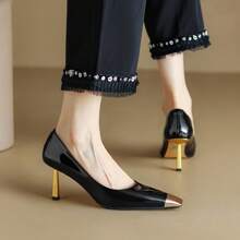 2025 Spring New Arrival - Women's Black Metal - Toe Square - Toe Patent Leather High - Heels & White French - Style Elegant Thin - Heel Single - Shoes