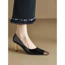 2025 Spring New Arrival - Women's Black Metal - Toe Square - Toe Patent Leather High - Heels & White French - Style Elegant Thin - Heel Single - Shoes