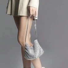 Luxury Designer Wallet And Handbag Set: Sparkling Rhinestone Embellished Clutch Purse And Minimalist Chain Shoulder Bag - Silver - View 5