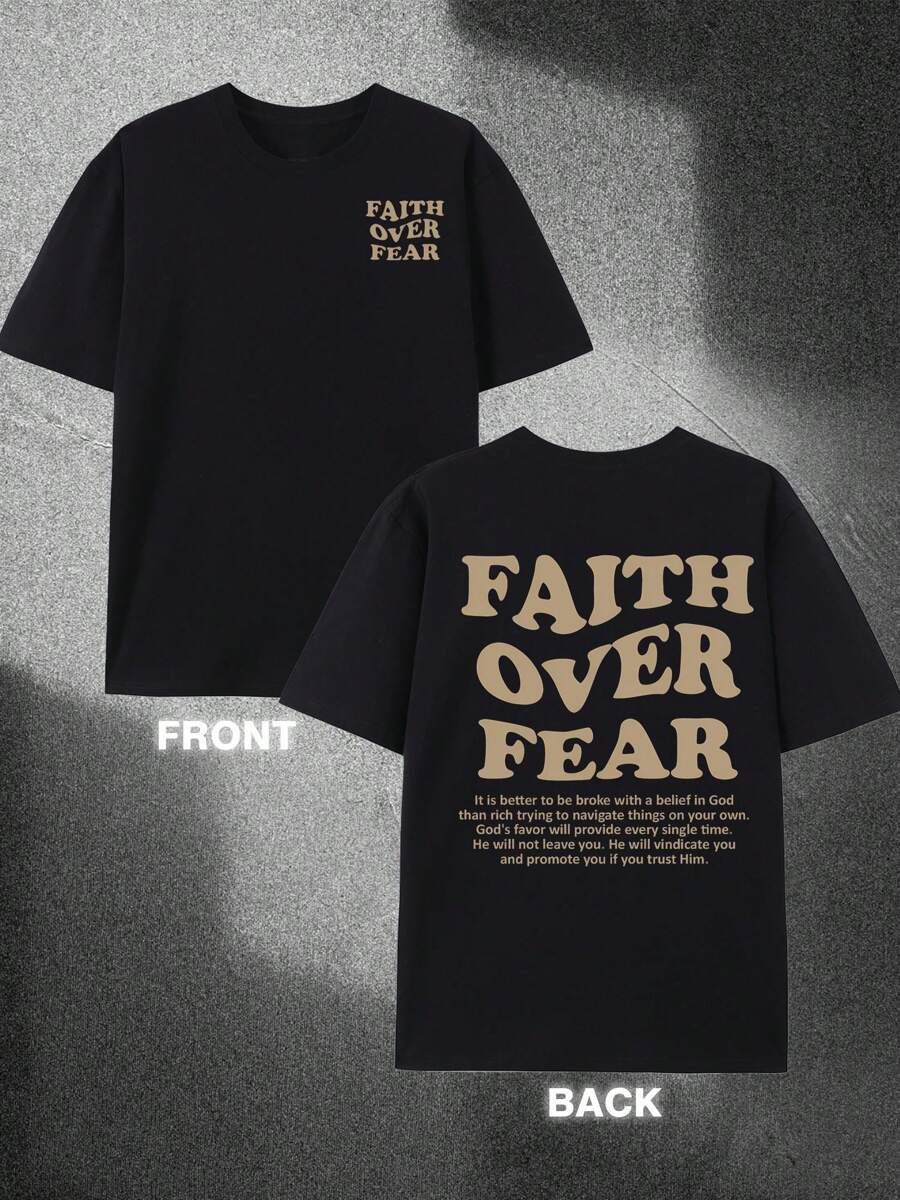 (220g Pure Cotton T-Shirt)  Men's Summer Round Neck Short Sleeved Casual Pure Cotton Print FAITH OVER FEAR - 黑色 - 查看 1