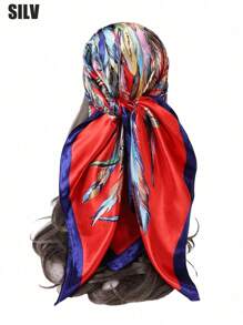 1入組女性羽毛和鏈條印花圍巾，頭巾，方形圍巾，頭巾，頭部包裝，頭部包裝上衣，波希米亞風格頭巾，髮箍，頭帶，時尚配件波希米亞風格頭巾，理想裝飾您的造型 - 寶藍色 - 查看 14