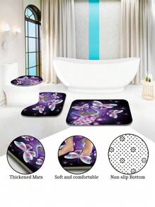 1pc/4pcs Butterfly Printed Bathroom Set Include Shower Curtain With 12 Hooks, Anti-Slip Bath Mat, U-Shape Toilet Mat & Round Toilet Lid Cover, Multi-Functional Bathroom Decor - Multicolor - View 7