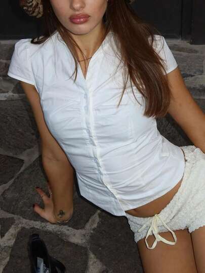 Solid Button Down Lapel Collar Short Sleeves School Shirts Slim Fit T-Shirt Dress Blouse Top With Chest Pleats