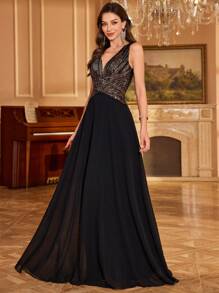 UNITHORSE [Random Cutout] Women's V-Neck Gradient Sequin Chiffon Waist Gathered Solid Color Elegant Party Dress, Wedding Dress, Formal Dress, Evening Dress, Birthday Women Outfits, Graduation Dress,Gown,Wedding Guest - 黑色 - 查看 4