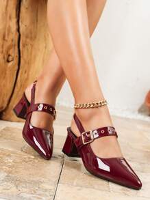 Damskie szpilki w szpic w kolorze czerwonym, wygodne wsuwane z metalowym paskiem ze sprzączką, buty typu slingback - Burgund - Zobacz 6