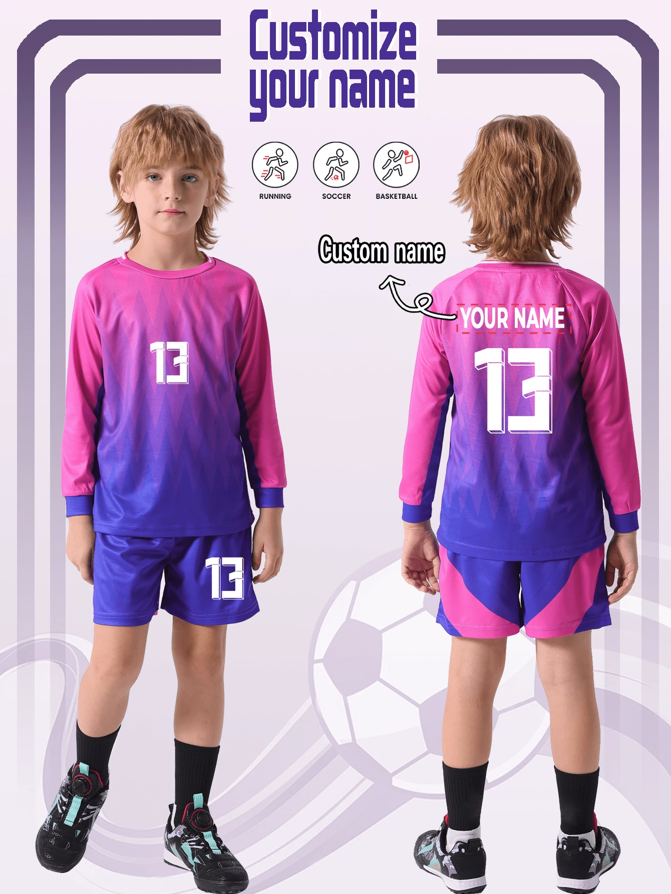 [Custom Made] 2pcs Children Sports Training Quick-Drying Long Sleeve Sportswear Set, Suitable For Football, Workout, Casual Wear, Custom Name