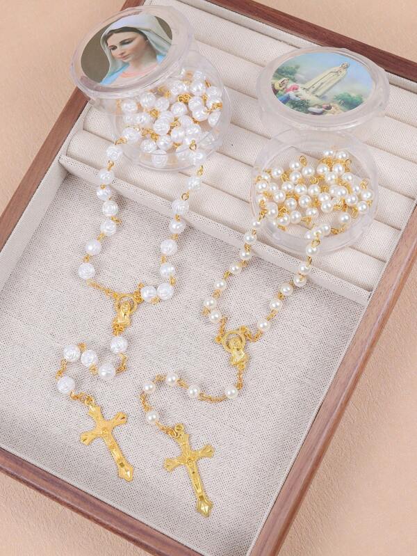 1pc Zinc Alloy 59Pcs Rose Bead & Faux Pearl Vintage Cross Necklace, Fashion Versatile Sweater Chain
