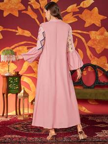 Women's V-Neck Elegant Floral Embroidered Pearls Beaded Design Lantern Sleeve Dress, Arabic Style, Modest - Pink - View 3