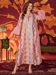 Women's V-Neck Elegant Floral Embroidered Pearls Beaded Design Lantern Sleeve Dress, Arabic Style, Modest - Pink - View 5