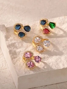 1pc Vintage Gemstone Three Water Droplets Ring, 18K Gold-Plated Cubic Zirconia Open Rings For Women, Wedding Party Vacation Jewelry Luxury Accessories Gifts For Valentine's Day, Mother's Day