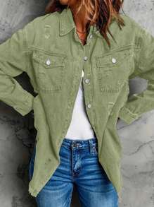 Green Denim Jacket Jeans Flap Pocket Drop Shoulder Denim Jacket Women's Ripped Distressed Denim Jacket Casual Long Sleeve Boyfriend Jean Coat Basic Jackets - Green - View 5