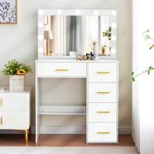 White Dressing Table +Charging Station Vanity Desk Set W/ 11 LED Bulbs Mirror UK - White - View 7