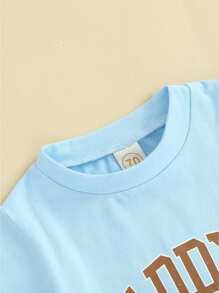 Toddler Boy Summer Clothes Letter Print Short Sleeve T-Shirt With Elastic Waist Solid Color Shorts 2Pcs Outfit - 天藍色 - 查看 5