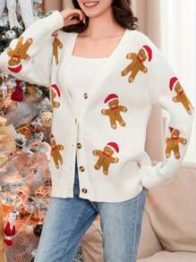 Women's Christmas Cardigan Gingerbread Man Pattern Button-Front Long Sleeve V-Neck Ribbed Knitted Sweaters - White - View 8
