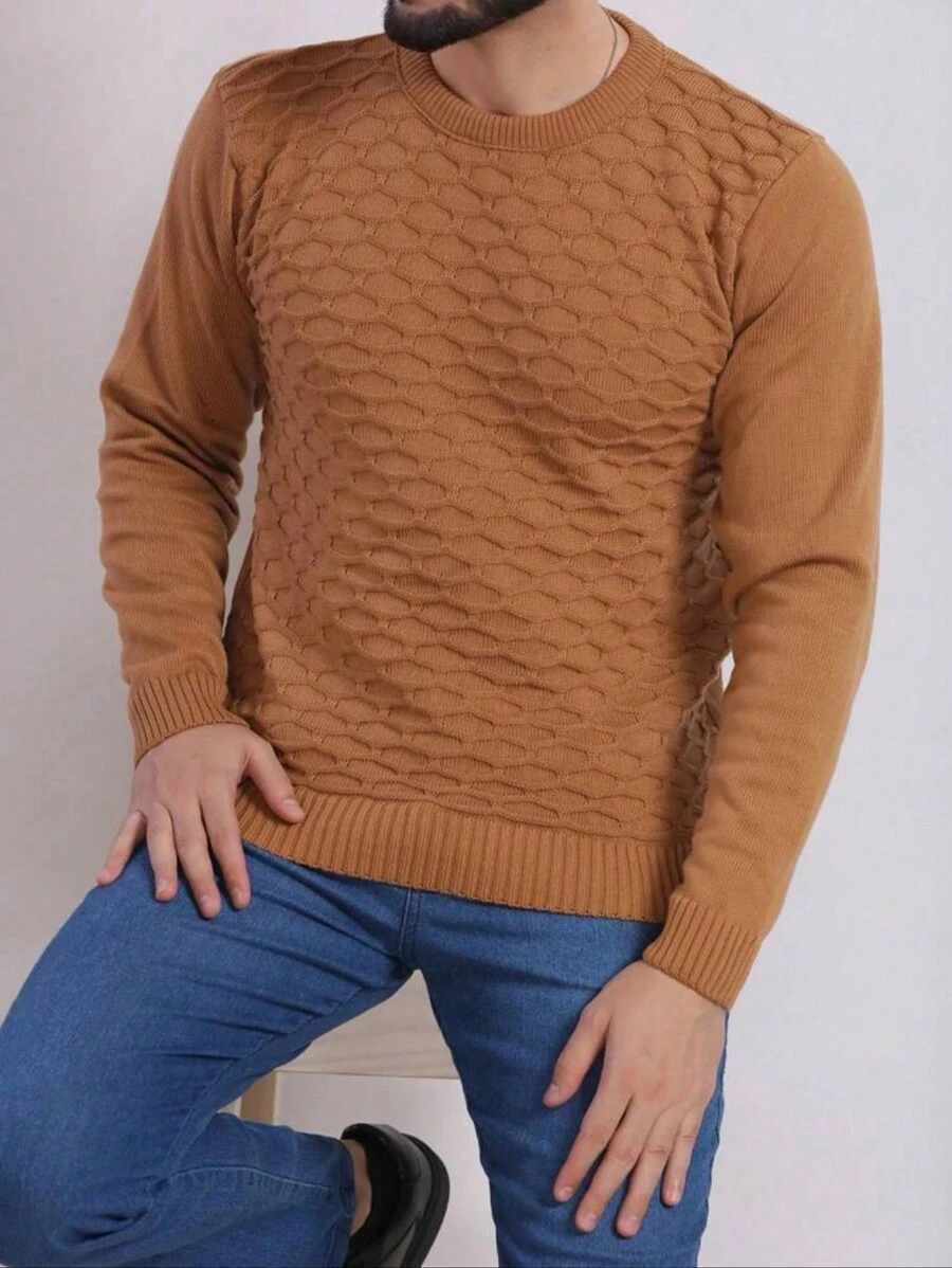 Men's Knitted Sweater Coat Sweater Round Neck Long Sleeve Wool Blouse - 薑色 - 查看 1