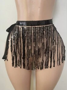 Faldón de danza del vientre para mujer con pañuelo de cadera, falda envolvente con cadena de cintura y lentejuelas, faldas con flecos brillantes para danza del vientre, disfraz de vaquera espacial para Mardi Gras