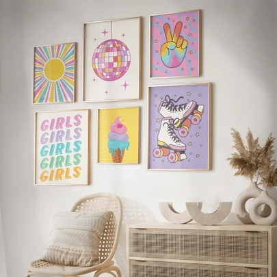 6幅色彩缤纷的Y2K风格樱桃冰淇淋、迪斯科球、轮滑主题帆布墙画海报，现代Y2K美学墙面装饰，适用于家居、公寓、宿舍、青少年、女孩卧室或浴室，无框