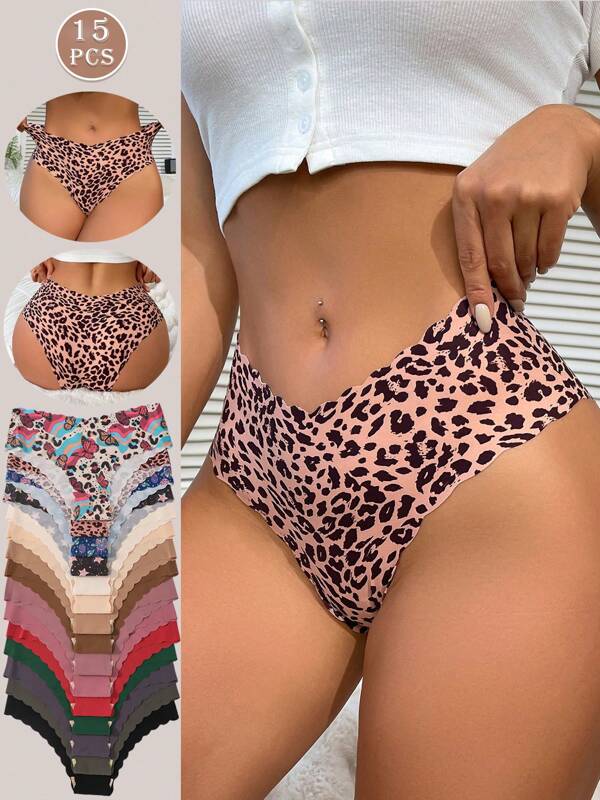 15 stuks/set dames naadloze golvende rand luipaardprint comfortabele en huidvriendelijke sexy driehoekige slipjes