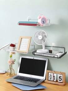 1pc White/Black 2PCS Black And White Stainless Steel Floating Rack, Wall Mounted Bracket Rack, Space Saving, Adjustable, , With Rhinestone Free Installation, Suitable For Storage Cabinets In Living Rooms, Kitchens, Bathrooms, Shelves With Built-In Hooks